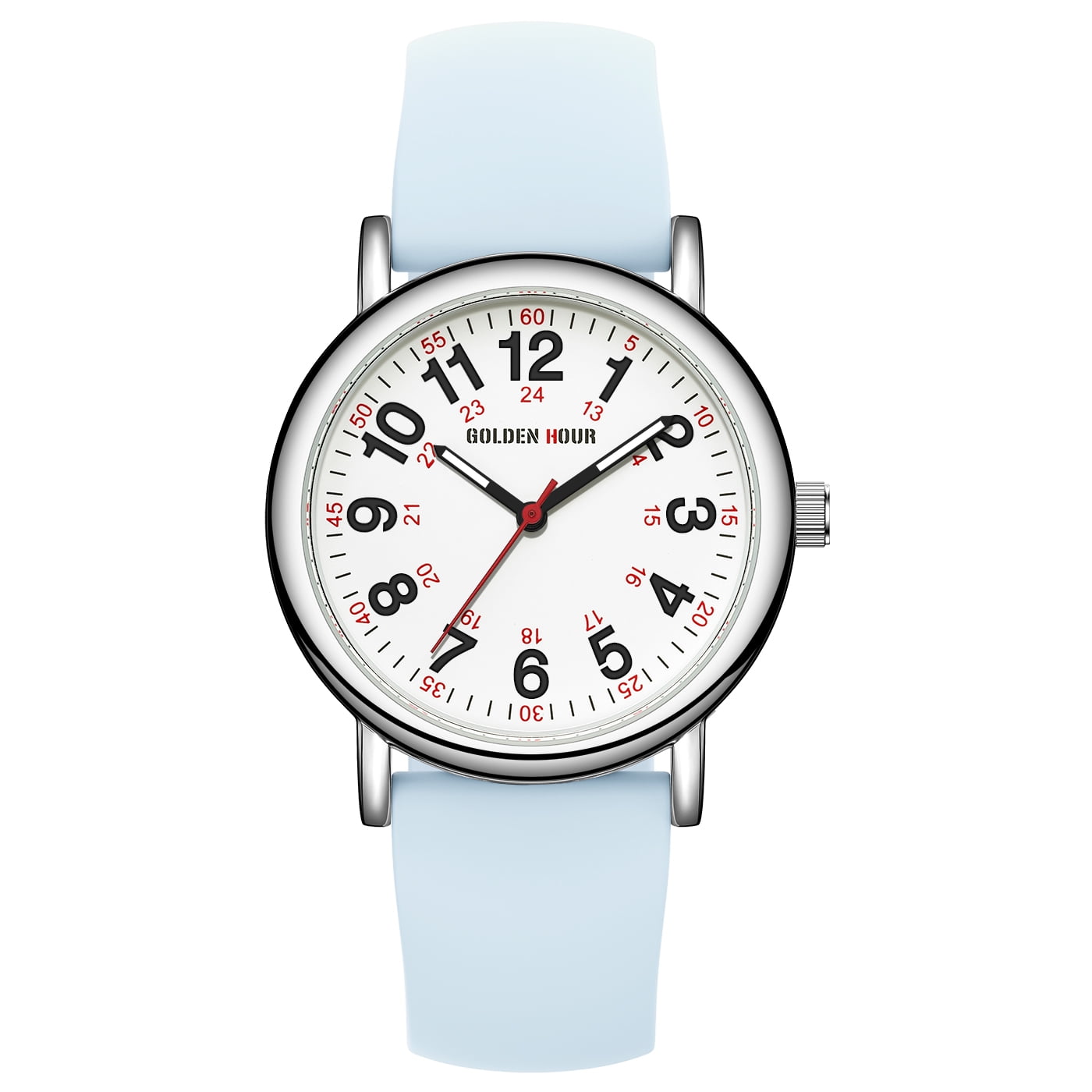 GOLDEN HOUR Waterproof Nurse Watch for Medical Professionals, Students Women Men - Military Time Luminouse Easy Read Dial, 24 Hour with Second Hand, Colorful Silicone Band