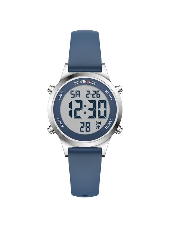 Waterproof Women's Digital Sports Watches with Silicone Strap, Alarm Calendar Stopwatch Chronograph 32mm Silver Case