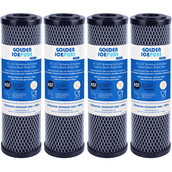 GOLDEN ICEPURE 1 Micron 2.5" x 10" Whole House CTO Carbon Sediment Water Filter Compatible with Dupont WFPFC8002, WFPFC9001, FXWTC, Culligan P5-D, WHCF-WHWC, D-10A, DWC30001, SCWH-5, 4PACK