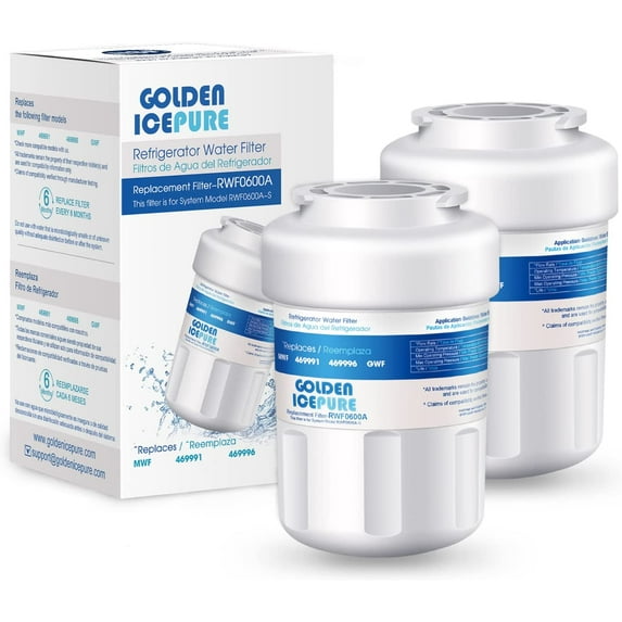 GOLDEN ICEPURE MWF Refrigerator Water Filter Replacement for GE SmartWater MWFA, 2PACK, GWF, GWFA, RWF0600A, FMG-1, WFC1201, GSE25GSHECSS, PC75009, 197D6321P006, Kenmore 9991, PC83879,2PACK