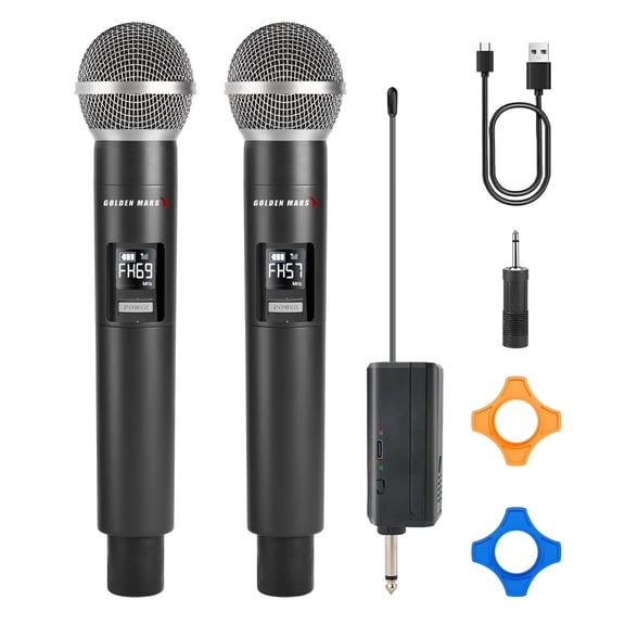 GOLDEN MARS 2.4GHz Wireless Microphones, Professional Dual Handheld Dynamic Mic System, Rechargeable Microphone with 500ft Range for Karaoke Singing