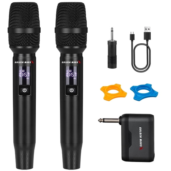 GOLDEN MARS Wireless Microphone, 2.4GHz Rechargeable Microphones with 300ft Range for Singing Karaoke DJ Party Speech Wedding (Black, 2 packs)