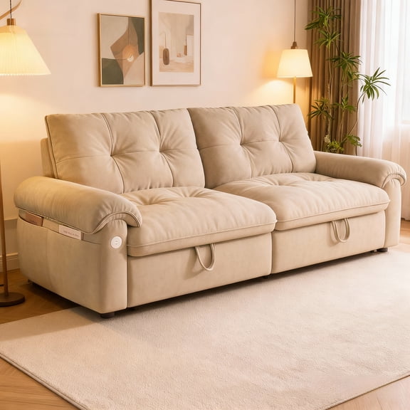 GOLDEN MEMORIES 77'' Queen Size Pull Out Couch Bed with Chaise, Velvet Convertible Sleeper Sofa with Storage and USB Charging, Comfy Loveseat RV Sleeper Couch That Turns into Bed