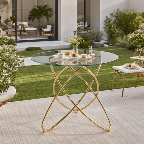 GOLDEN MEMORIES Dining Table, Chrome Metal Legs, Tempered Glass, Unique Living Room Design, 35.43"W X 35.43"D X 29.13"H Gold