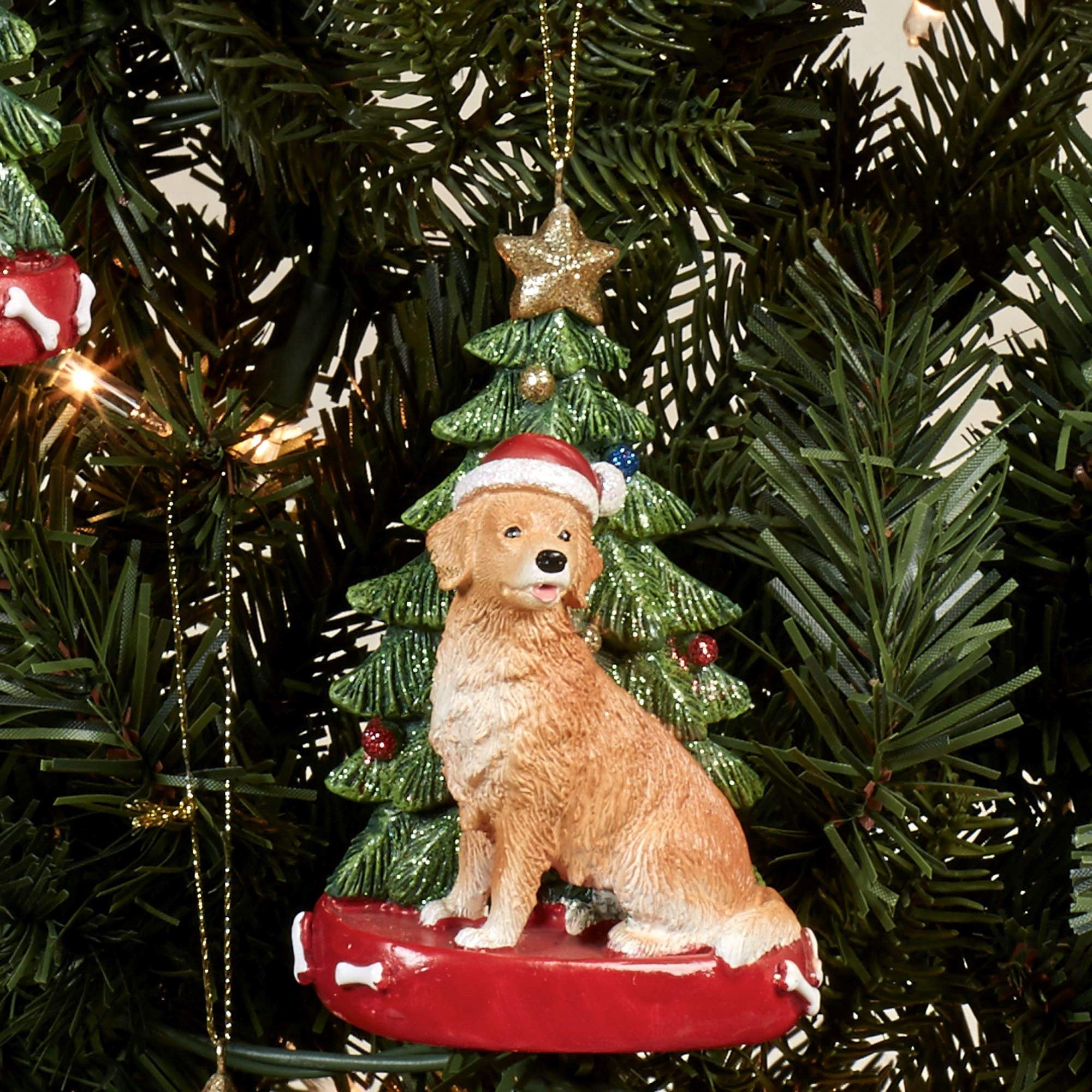 GOLDEN RETRIEVER WITH CHRISTMAS TREE ANE LIGHTS ORNAMENT FOR