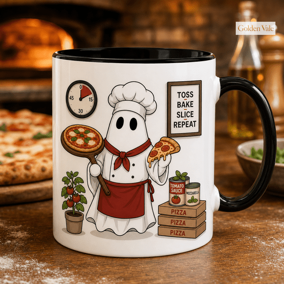 GOLDEN VALE Funny Mug Ghost Pizza Chef For Kitchen Breaks