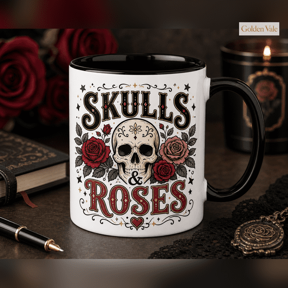 GOLDEN VALE Gothic Ceramic Mug Skull and Roses Design