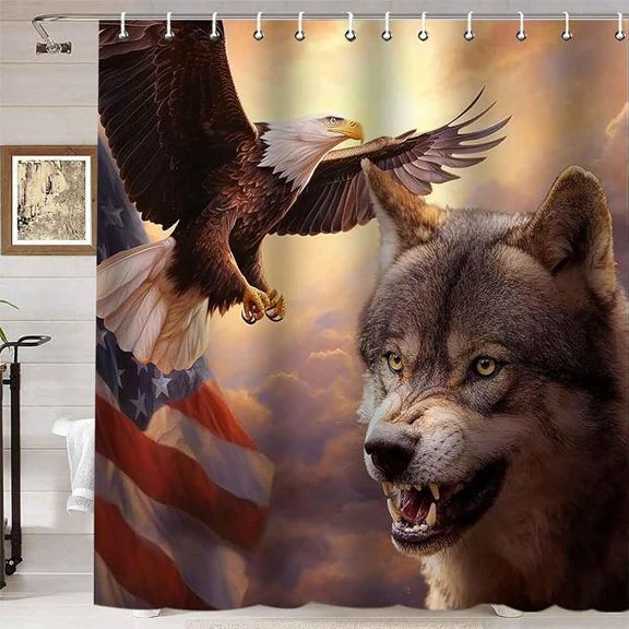 GOLDEN- Wolf Bald Eagle American Flag Shower Curtain Stars and Stripes Wildlife Design Waterproof Fabric 72 x 72 Inches