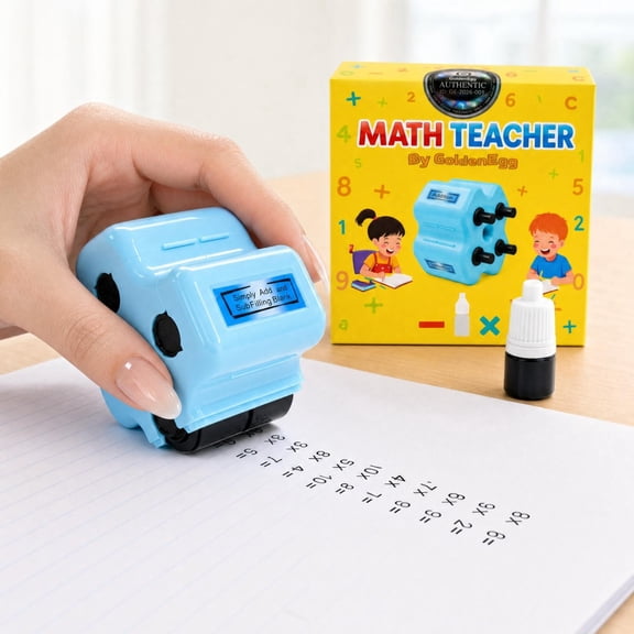 GoldenEgg Math Teacher 4-in-1 Roller Stamp for Kids Ages 5-8, K-3 Addition, Subtraction, Multiplication & Fill-in-The-Blank Practice Tool (Blue)