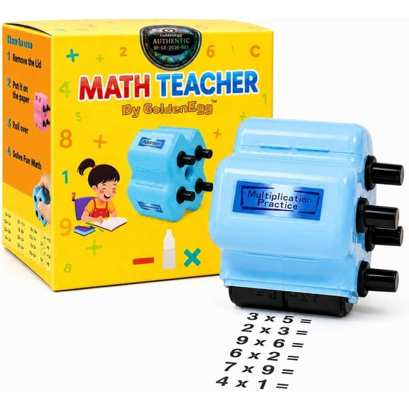 GoldenEgg Math Teacher 4-in-1 Roller Stamp for Kids Ages 5-8, K-3 Addition, Subtraction, Multiplication & Fill-in-The-Blank Practice Tool (Blue)