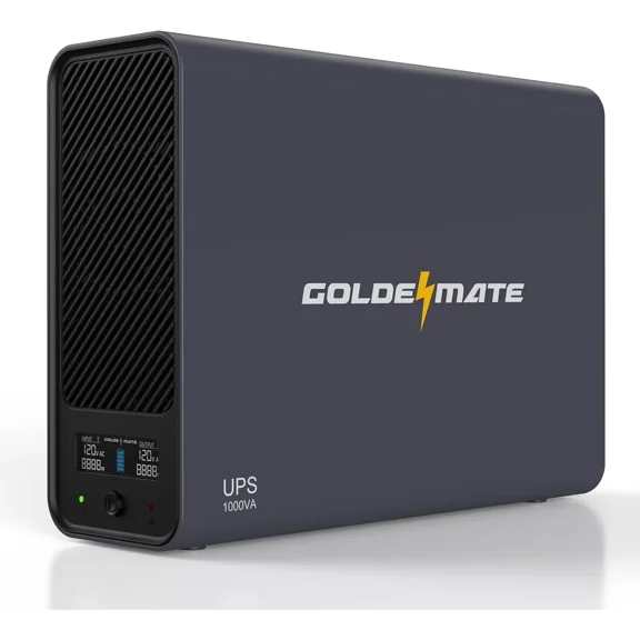 GOLDENMATE 1000VA / 800W Lithium UPS Battery Backup Surge Protector – Pure Sine Wave UPS with LiFePO4 Battery, LCD Display and USB Auto‑Shutdown