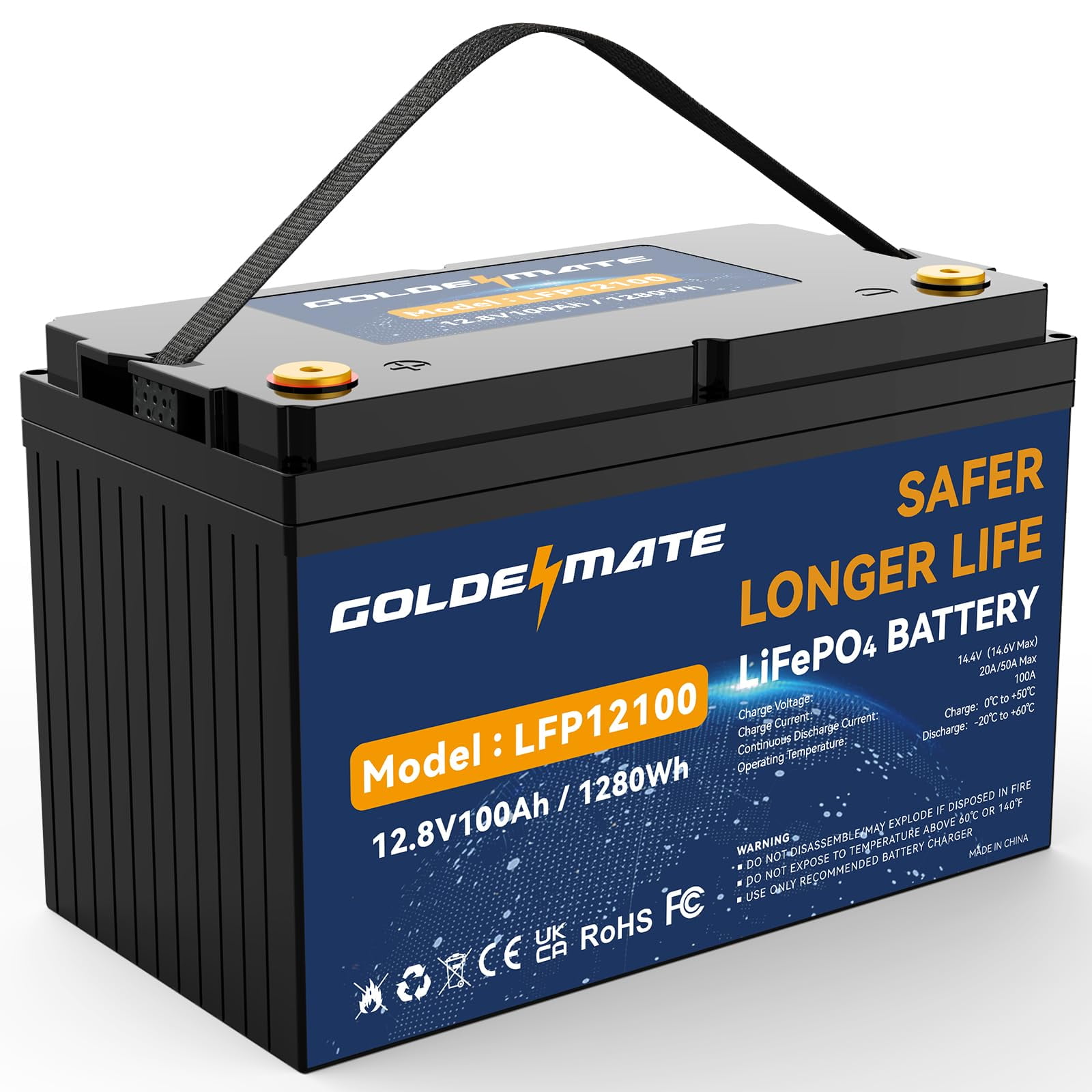 12V 100Ah LiFePO4 Lithium Battery, 100A BMS, 15000+ Deep Cycles, GOLDENMATE Battery for RV, Solar, Marine, Trolling Motor, Golf Carts, Backup Power