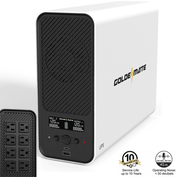 GOLDENMATE 1500VA/1000W Battery Backup UPS Lithium,230Wh LiFePO4,USB Comm Port,8 Outlets,2 USB,LCD,White