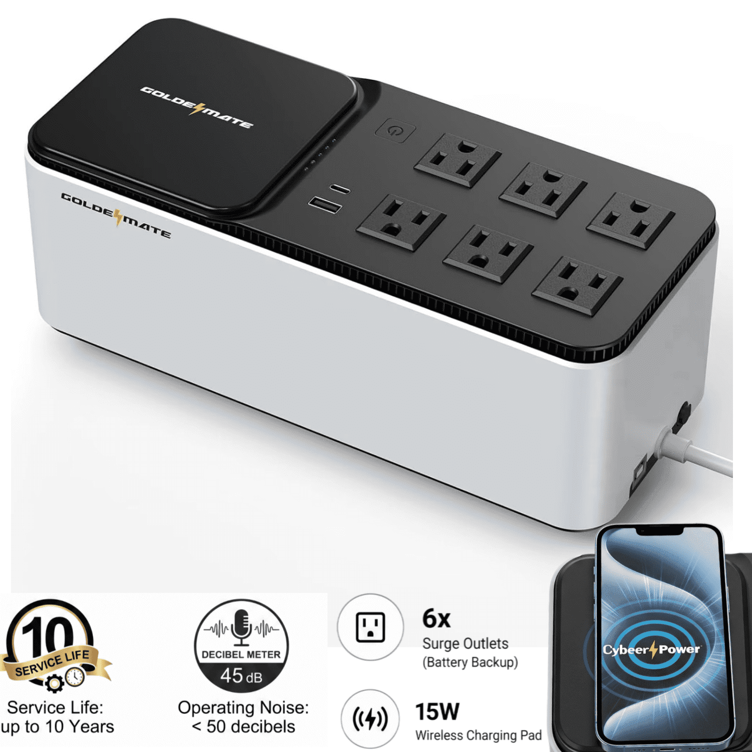 GOLDENMATE 600VA / 360W Lithium UPS Battery Backup & Surge Protector with Wireless Charging, 6 Outlets, USB Ports and LiFePO4 Battery