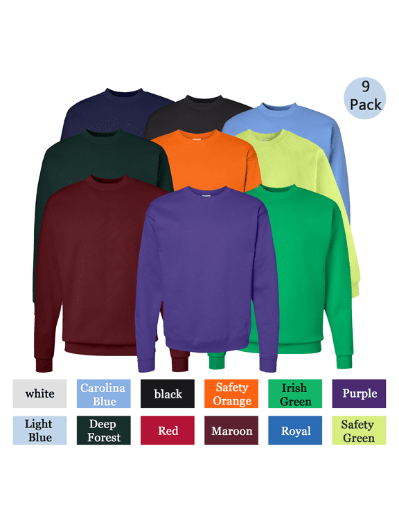 9 Pack Crewneck Fleece Sweatshirt, Men's Assorted Color Classic Fit Sweater, M
