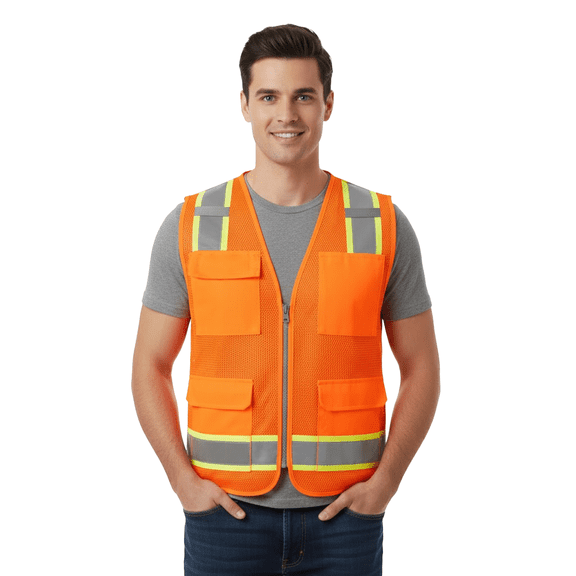 GOLDENROW Hi-Vis Safety Vest for Men, Multi-Pocket Sweat-Absorbent Vest, Neon Orange, S