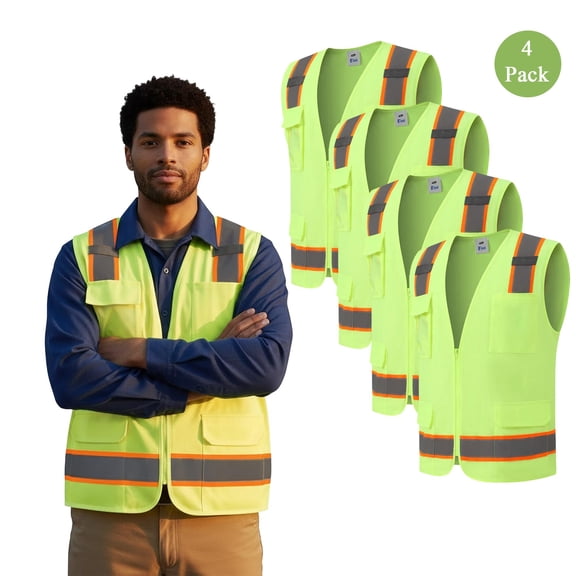 GOLDENROW High Visibility Safety Vest for Men, Neon Yellow Multi-Pocket Workwear, 4 Pack, S