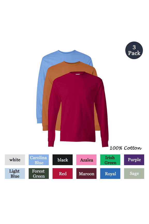Long Sleeve T-Shirt for Men, Crew Neck 100 Percent Cotton Mix Color Blank Tee, 3-Pack, 3XL