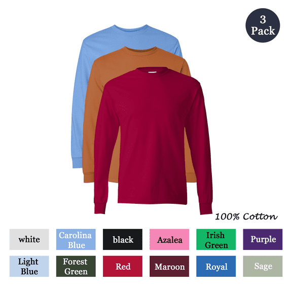 GOLDENROW Men's Cotton Long Sleeve T-Shirt, Crew Neck Assorted Color Comfort Tee, 3-Pack, Size S
