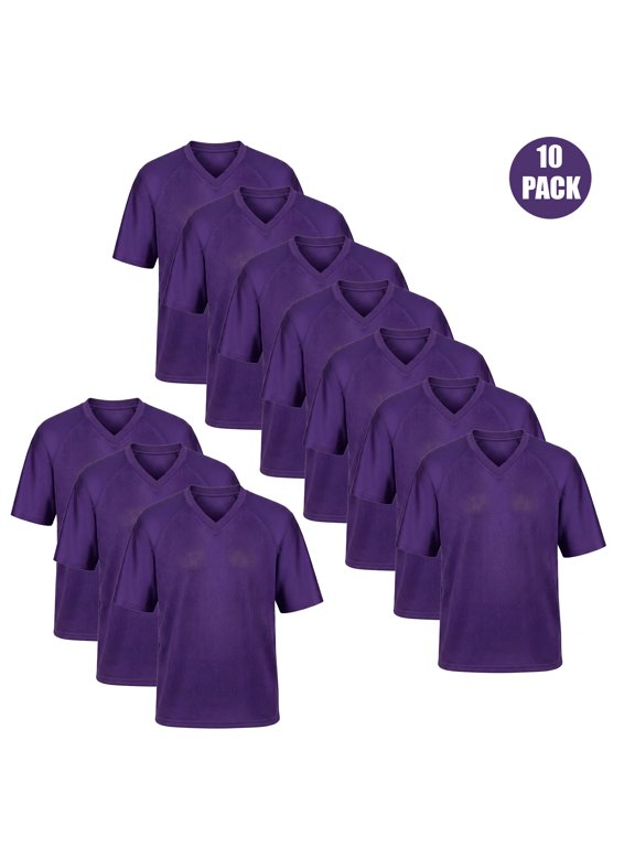 Men's Performance Dry Fit Jersey, Purple Color Short Sleeve V-Neck Sports Shirt, 5 Pack, XS