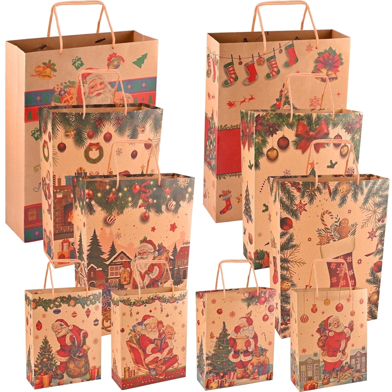 Faburo 10 pack Christmas Kraft Gift Bags Kraft Holiday Wrapping Paper Bags with Christmas Prints for Holiday Party Favors Xmas - 3 Sizes (S M L)