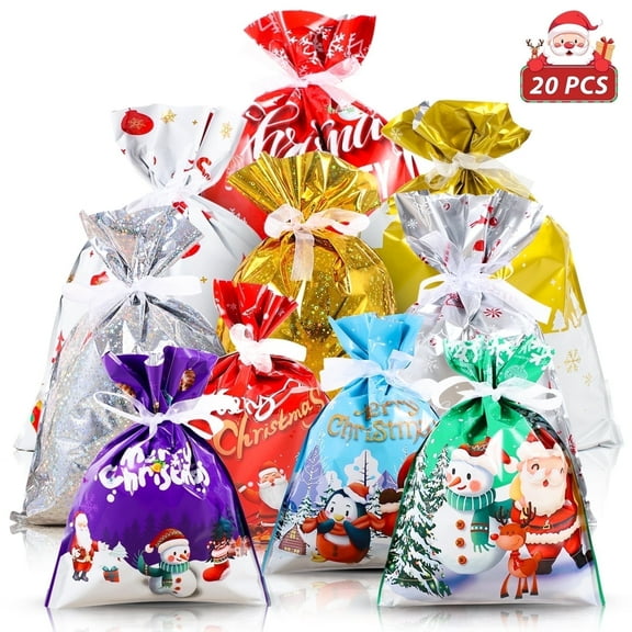 Faburo 20 pack Christmas Goody Bags,Assorted Sizes for Holiday Presents Santa Wrapping Gift Bags with Ribbon Ties