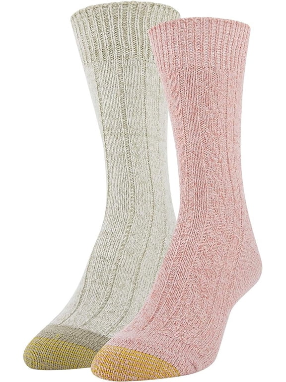 Women's Recycled Soft Cable Crew Socks, Bright Coral, Khaki Marl, Shoe Size: 6-9