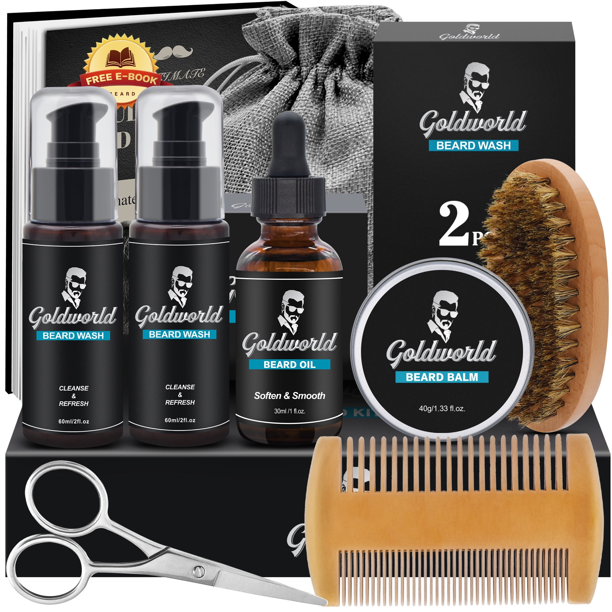 GOLDWORLD Beard Growth Grooming Kit- W/Beard Wash/Shampoo,2 Packs Beard Growth Oil,Beard Balm,Beard Wash,Brush,Comb,Scissor,Storage Bag,E-Book-Beard Care & Trimming Kit Gifts for Men Him