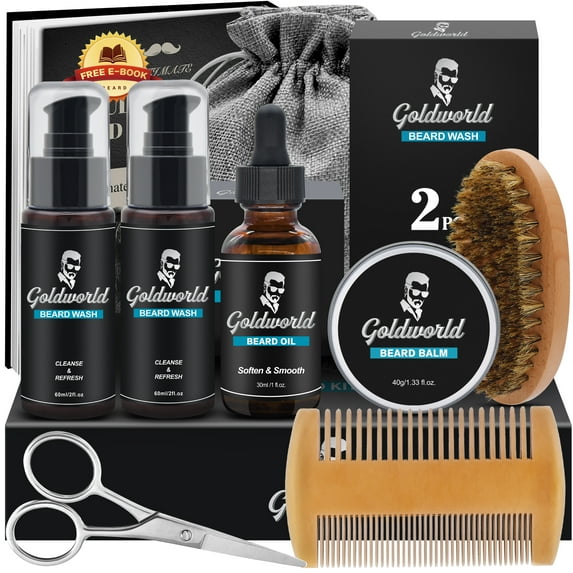 GOLDWORLD Beard Growth Grooming Kit- W/Beard Wash/Shampoo,2 Packs Beard Growth Oil,Beard Balm,Beard Wash,Brush,Comb,Scissor,Storage Bag,E-Book-Beard Care & Trimming Kit Gifts for Men Him