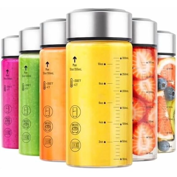 GOLRISEN 12 oz Wide Mouth Borosilicate Glass Juice Bottles With Stainless Steel Lids, Airtight Leak Proof, Heat-Resistant, For Juicing, Smoothie, Infused Water, Tea, Protein, Reusable & BPA Free,