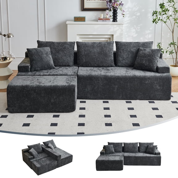 GOLUCKY 90.6" Boneless Sectional Sofa, L-Shaped Modular Cloud Couch with Deep Seat, No Assembly Required, Memory Foam Sofa for Living Room, Gray