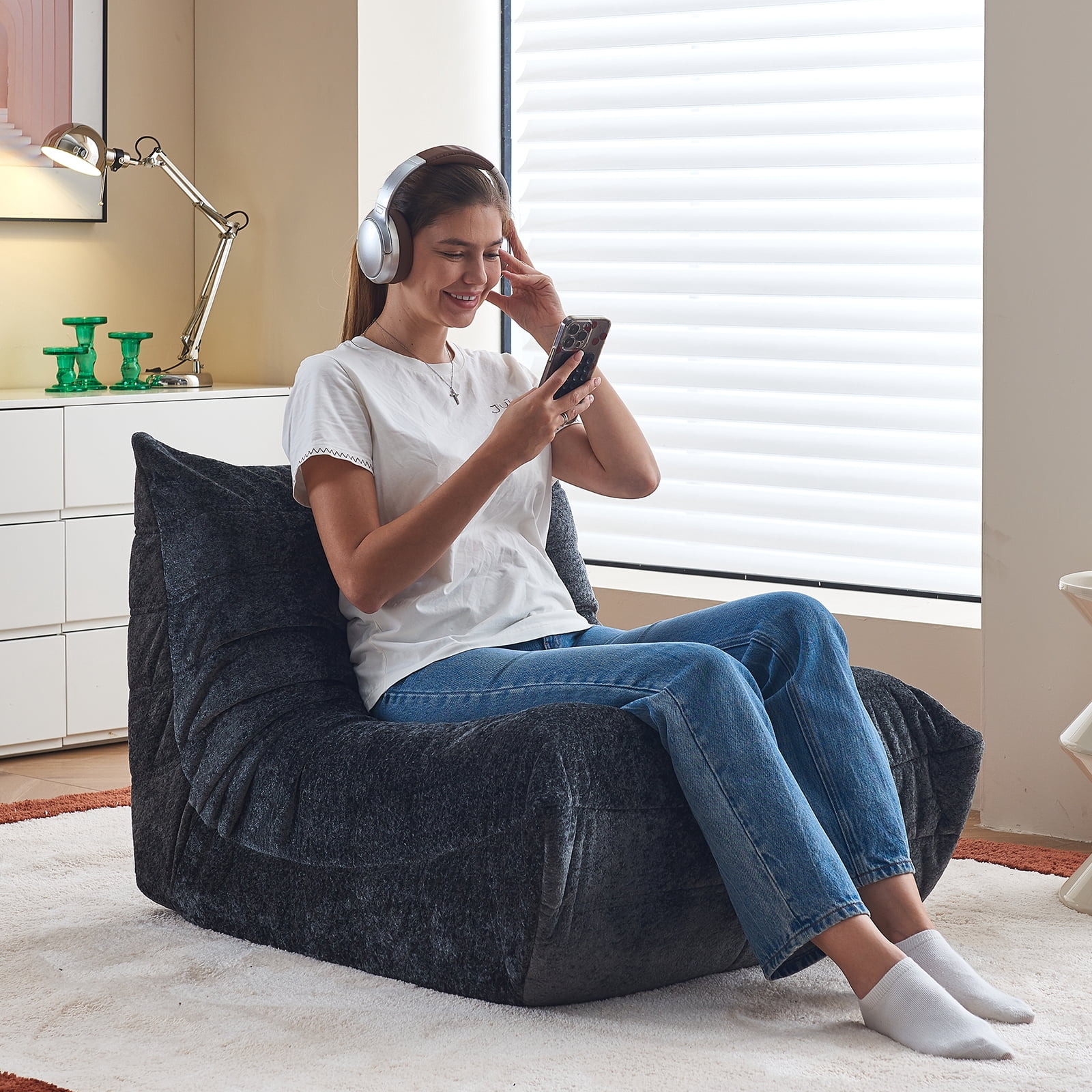 GOLUCKY Large Bean Bag Sofa for Adults, Memory Foam BeanBag Chair, orduroy Boneless Chair, Lazy Floor Sofa for Reading Gaming Living Room Bedroom, Black