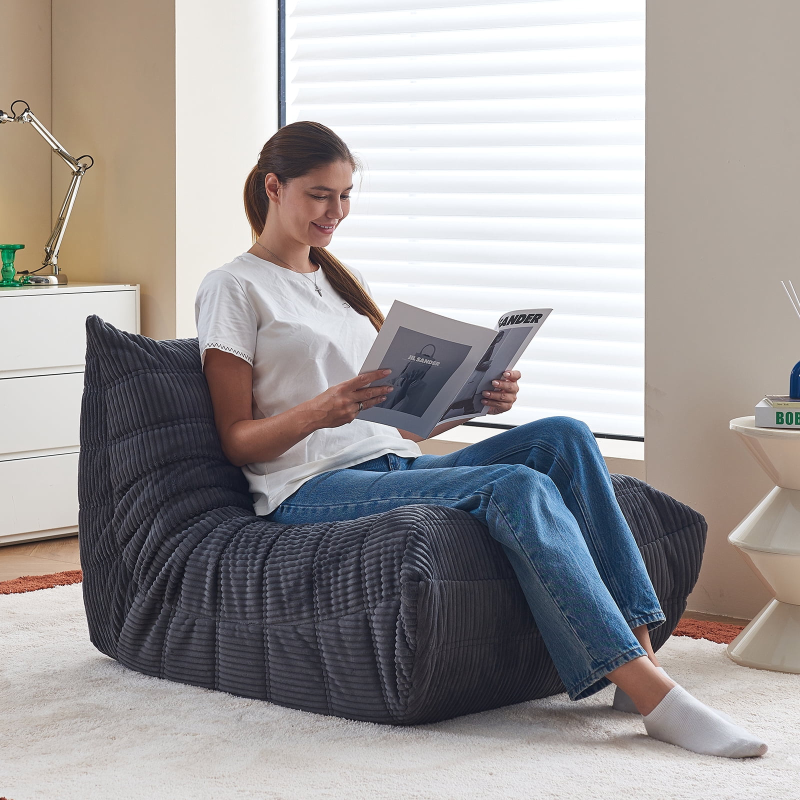 GOLUCKY Large Bean Bag Sofa for Adults, Memory Foam BeanBag Chair, orduroy Boneless Chair, Lazy Floor Sofa for Reading Gaming Living Room Bedroom, Gray