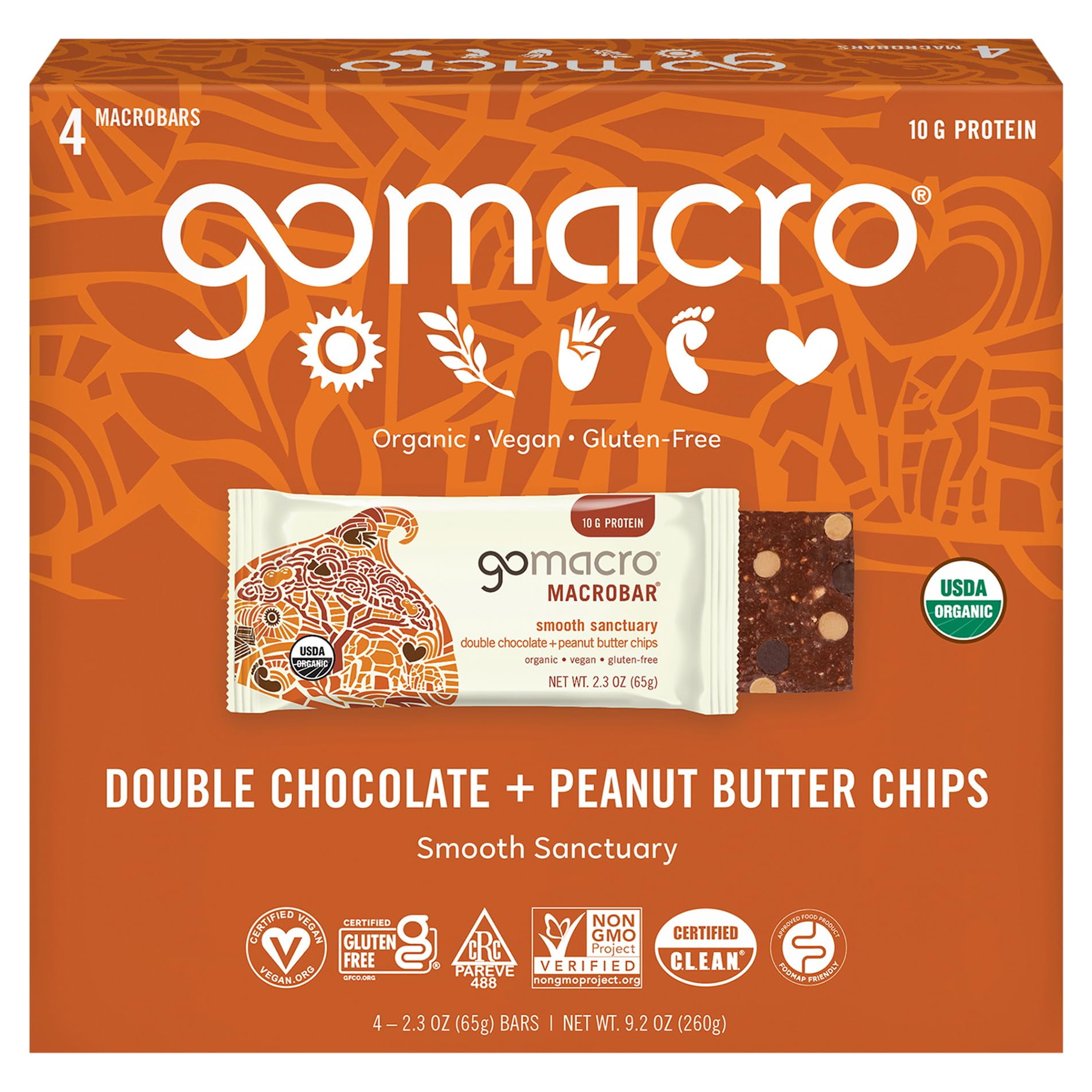 GOMACRO Organic Double Chocolate Peanut Butter SMRChip Bar 4 Count, 2.3 OZ