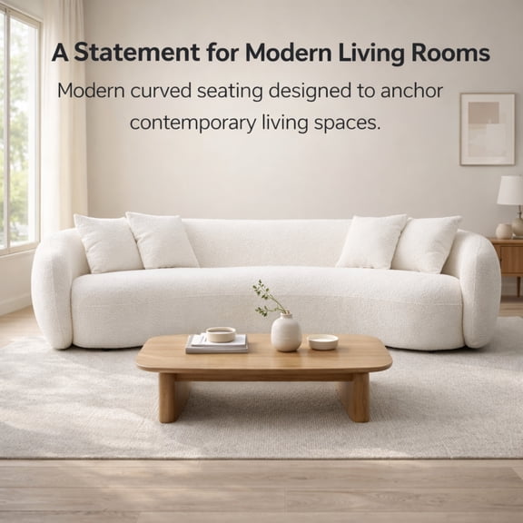 GOMYHOME 102" Curved Boucle Sofa, Modern 5-Seat Half Moon Living Room Couch with Pillows, White