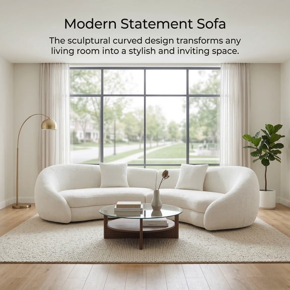 GOMYHOME 126" Modern Curved Sofa, 5-Seat Polyester Upholstered Living Room Sofa with Pillows