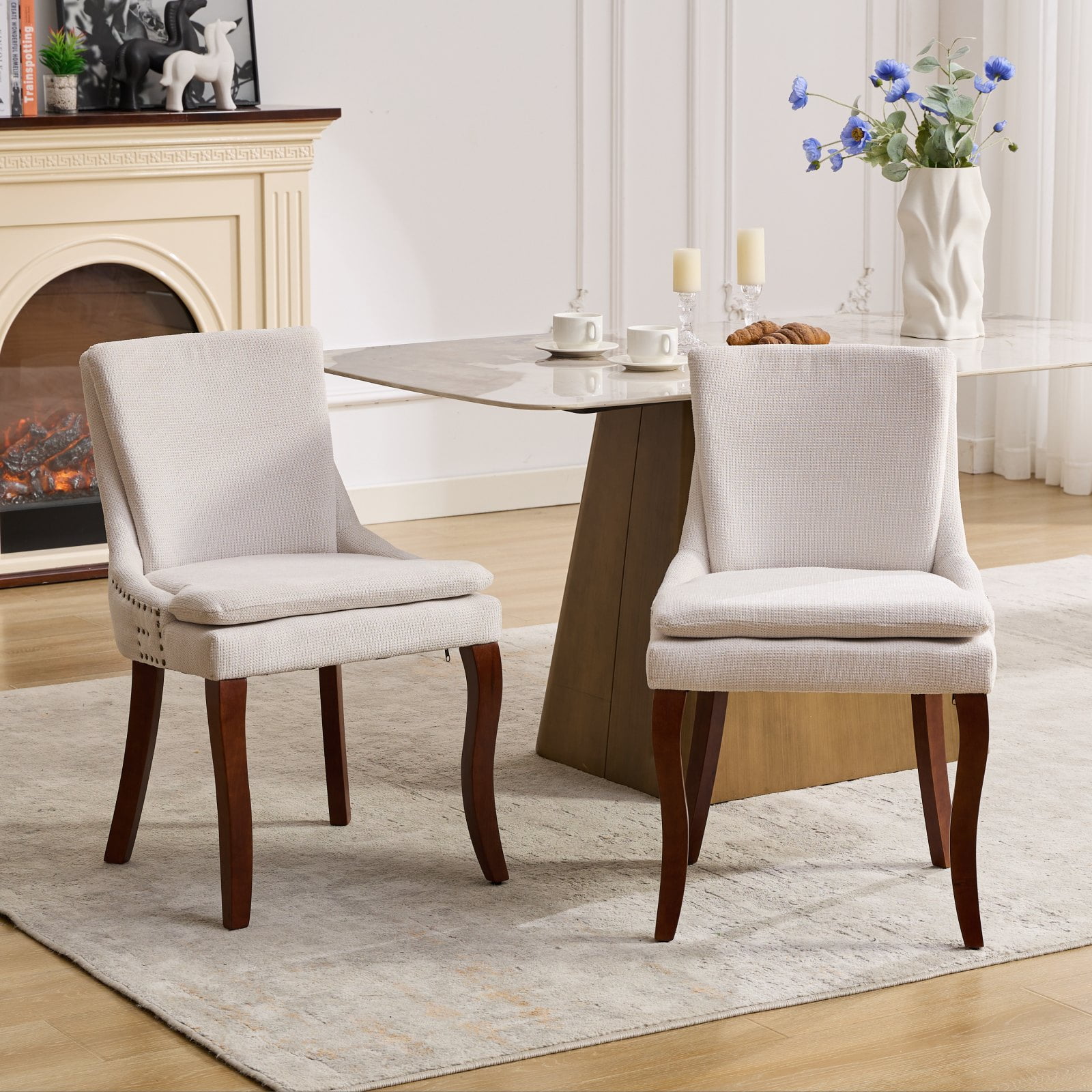 GOMYHOME 2-Piece Modern Dining Chairs Set, Curved Chenille Upholstered Seats & Solid Wood Legs