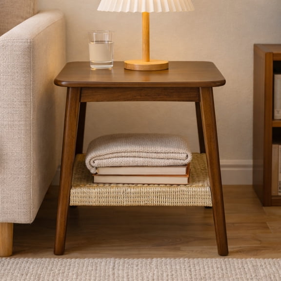 GOMYHOME 23" Mid-Century Side Table with Woven Shelf, Solid Wood Legs, Dark Walnut