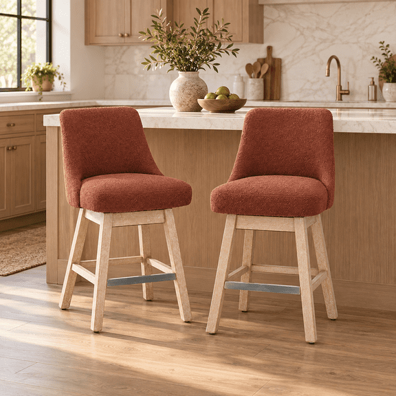 GOMYHOME 26" Swivel Counter Height Bar Stools, Boucle Upholstered, Set of 2, Burgundy