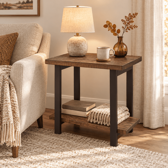 GOMYHOME 27.16-Inch 2-Tier Solid Pine End Table with Lower Shelf, Walnut Brown