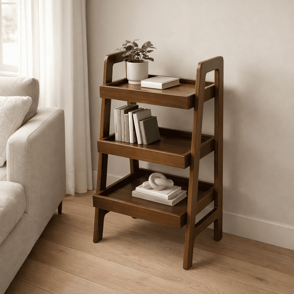 GOMYHOME 3-Tier Solid Wood Ladder Shelf, Small Storage Bookshelf, Walnut