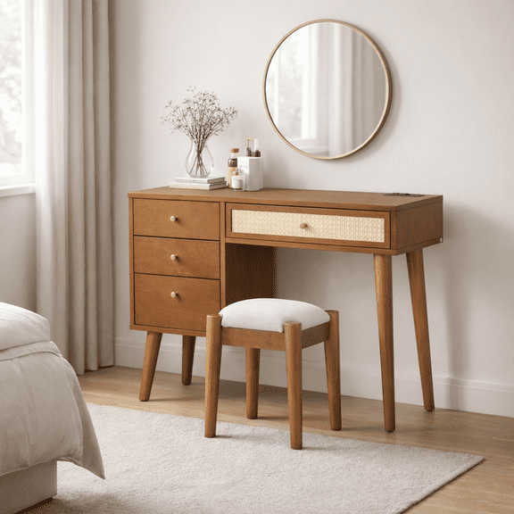 GOMYHOME 39" Solid Wood Makeup Vanity Set,Desk with Drawers, Rattan Front, USB & Outlet, Stool