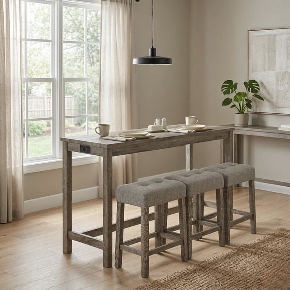 GOMYHOME 4-Pc Counter Height Dining Set w/ Power Outlet, 58.4" Rustic Bar Table & 3 Stools