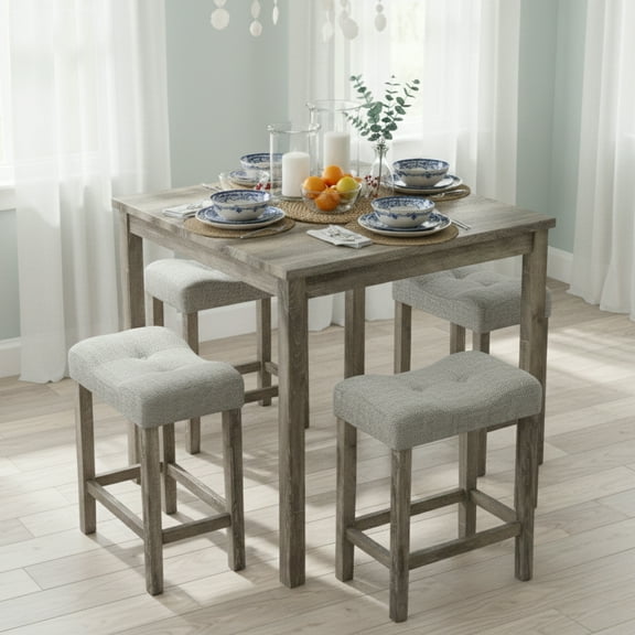 GOMYHOME 5-Piece Counter Height Dining Set w/ 4 Upholstered Stools, Rustic Weathered Pub Table