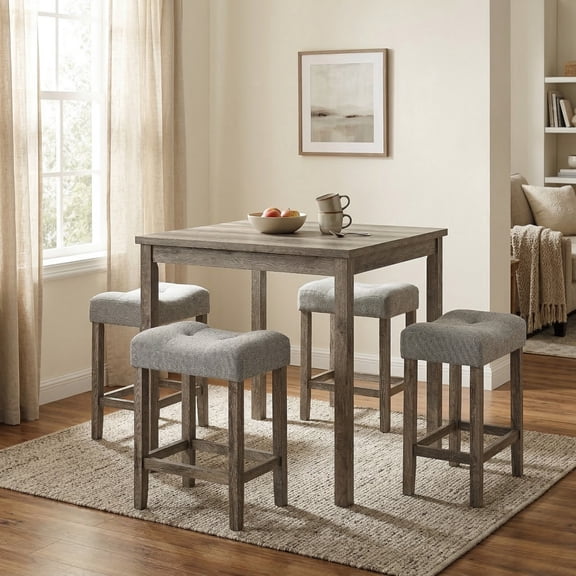 GOMYHOME 5-Piece Counter Height Dining Set w/ 4 Upholstered Stools, Rustic Weathered Pub Table