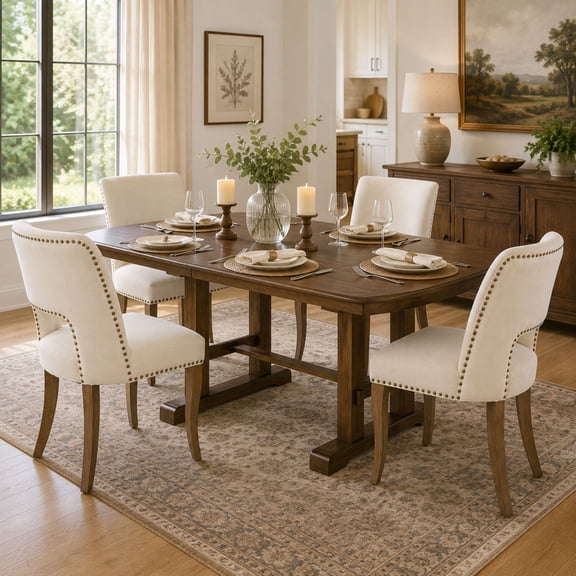 GOMYHOME 5-Piece Extendable Dining Set, Wood Dining Table with 4 Upholstered Chairs, Walnut Finish