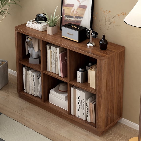 GOMYHOME 6-Cube Storage Bookcase, Farmhouse MDF Wood Low Bookshelf with Rounded Edges, Walnut