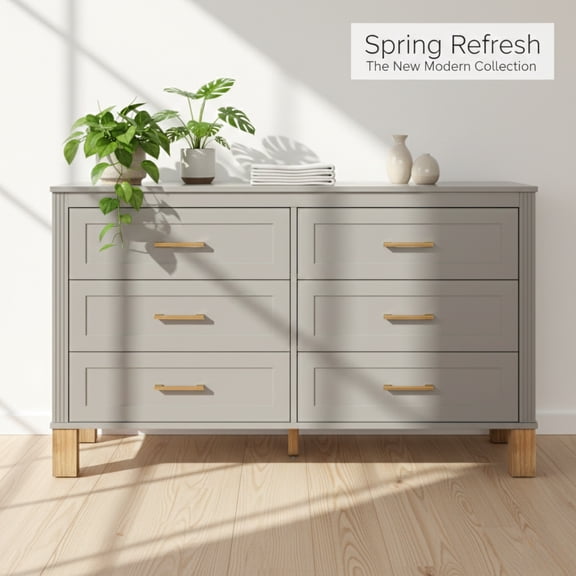 GOMYHOME 6-Drawer Modern Wood Double Dresser with Metal Handles, Gray