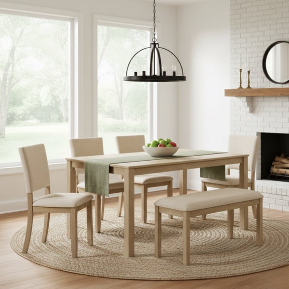 GOMYHOME 6-Piece Solid Rubberwood Dining Set, Rectangular Table, 4 Chairs & Bench, Beige Fabric