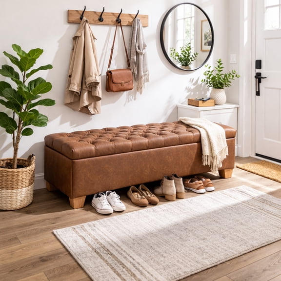 GOMYHOME 60" PU Storage Bench, Tufted Flip-Top Ottoman with Wood Legs, Brown